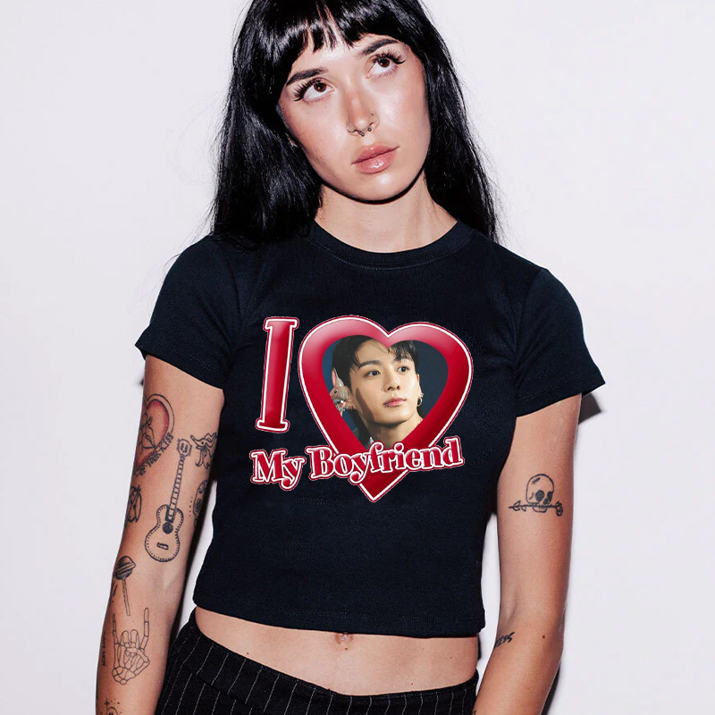 Personalized I Love My Boyfriend Heart Graphic Kpop Inspired Cute Y2K Aesthetic Short Sleeve Cropped Top Baby Tee K-Pop Fans Baby Tee