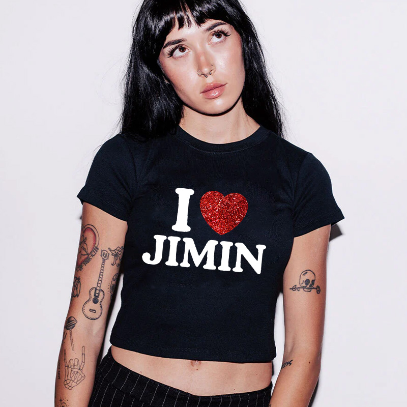 Personalized I Love Jimin Heart Glitter Graphic Kpop Inspired Cute Y2K Aesthetic Short Sleeve Cropped Top Baby Tee