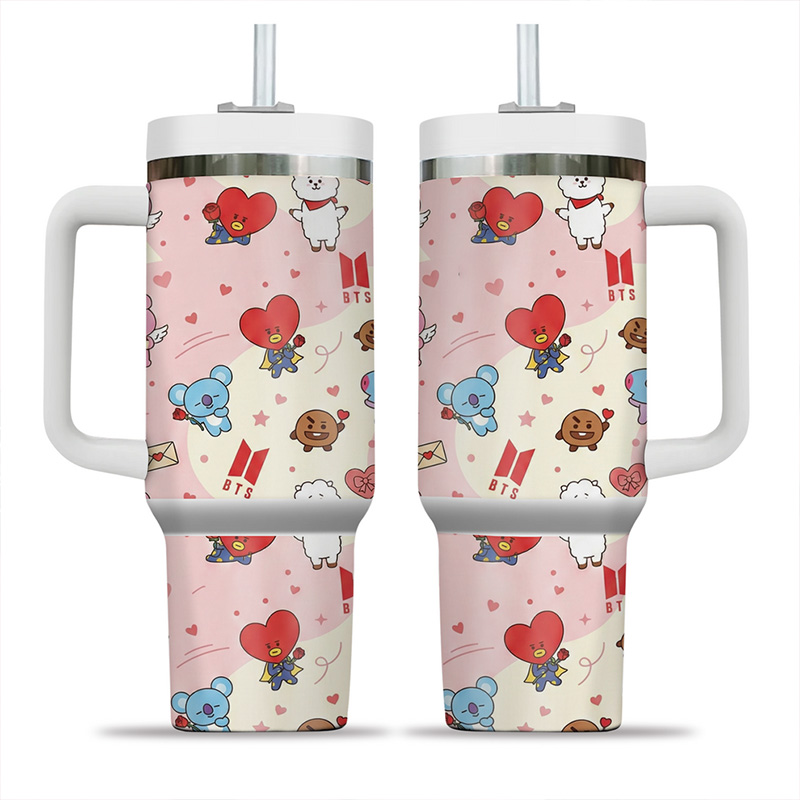 K-Pop Cartoon Characters Inspired Cute Colorful Heart Stars Pattern Stainless Steel Travel Mug Tumbler For Lovers & Fans