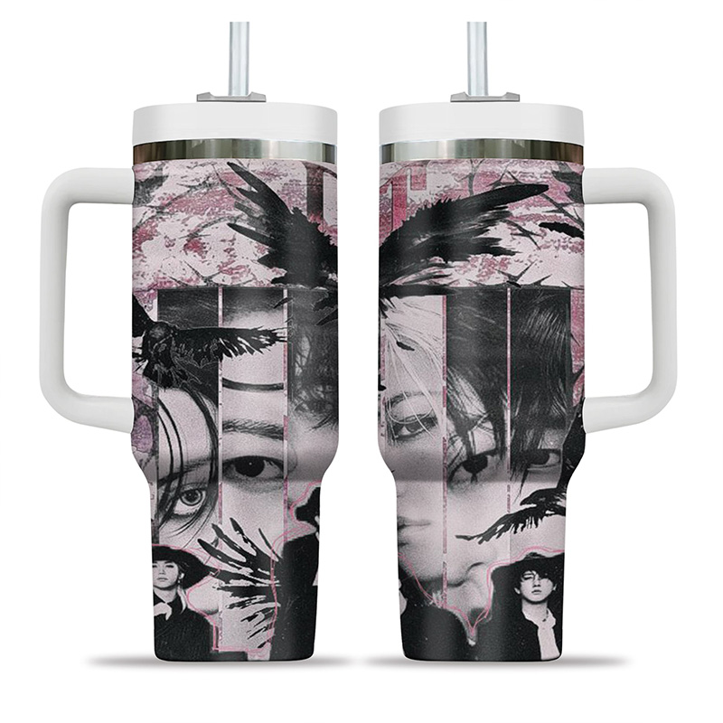 Kpop Inspired Artistic Black and Pink Aesthetic Collage Style Stainless Steel Travel Mug Tumbler