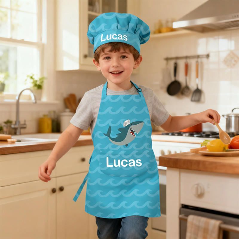 Personalized Cute Whale and Shark Adjustable Kids Apron Chef Hat Set with Name for Cooking Birthday Gift for Boys