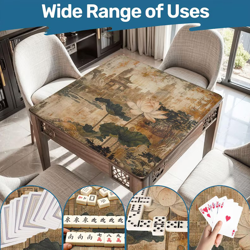 Chinoiserie Lotus Asian Pagoda Mahjong Mat Waterproof Non Slip Elegant Table Protector Gift Mahjong Mat Mahjong Lovers Gifts