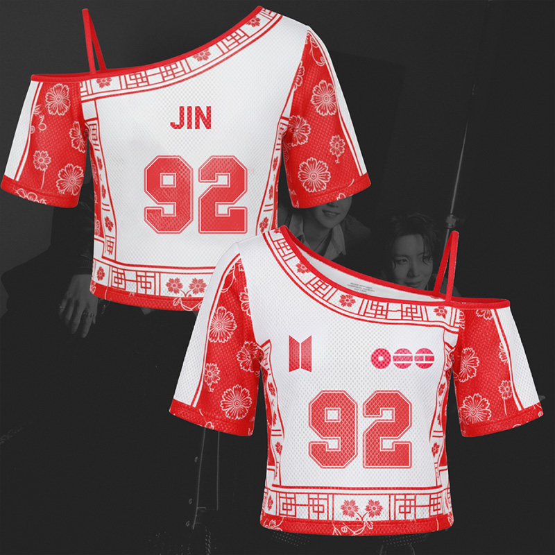  Personalized Kpop Inspired Traditional Floral Pattern Red White Off Shoulder Mesh Crop Top Fashion Shirt