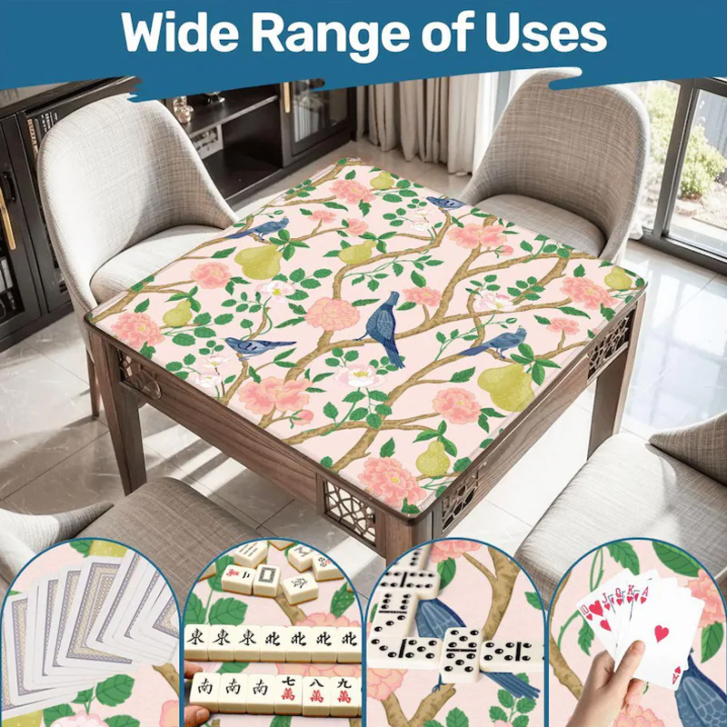 Chinoiserie Mahjong Mat Pink Floral Bird Design Waterproof Non Slip Elegant Table Protector Gift Mahjong Mat Mahjong Lovers Gifts