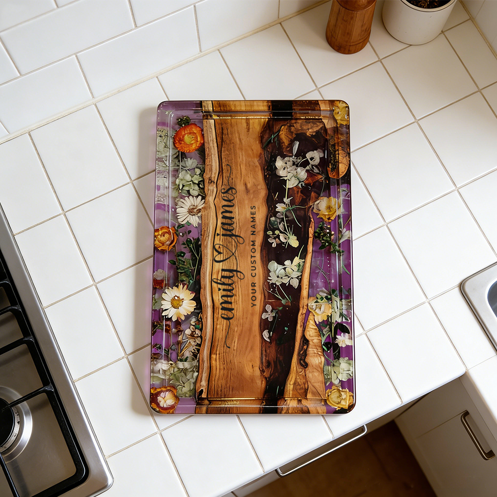 Personalized Name Resin Wood Tray With Dried Flowers Personalized Epoxy Serving Tray For Wedding Anniversary Housewarming Gifts