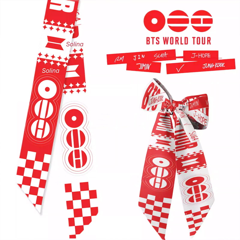 Kpop Inspired Red White World Tour Logo Pattern Satin Silk Ribbon Concert Hair Accessory