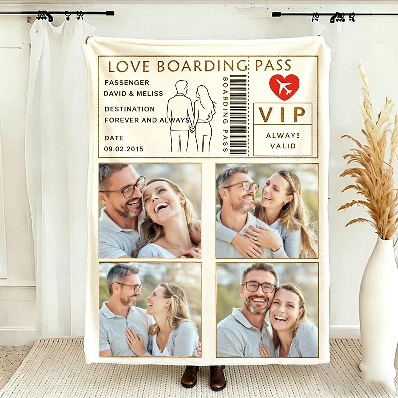 Personalized Love Boarding Pass Design Blanket for Couple Photo Blanket