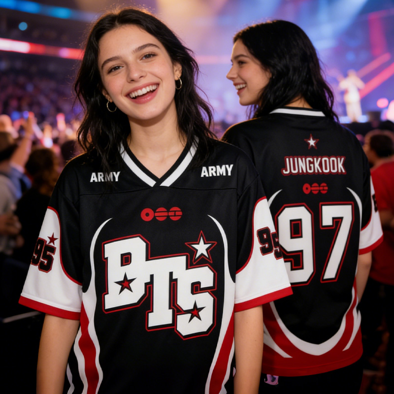 Personalized BTS Kpop Inspired Black Red White World Tour Jersey Style Numbered Concert Unisex Fashion Shirt