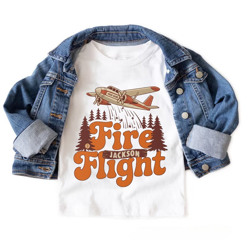 Personalized Fire Flight Kids T-Shirt with Custom Name and Retro Aerial Firefighter Plane Graphic for Little Adventurers Kids T-Shirt