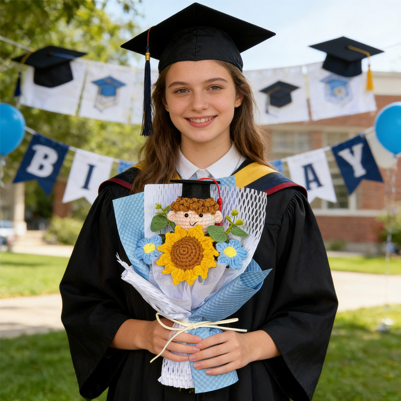 Crochet Graduation Bouquet with Graduation Doll Class of 2026 Keepsake Knitted Grad Flowers Gift for Her