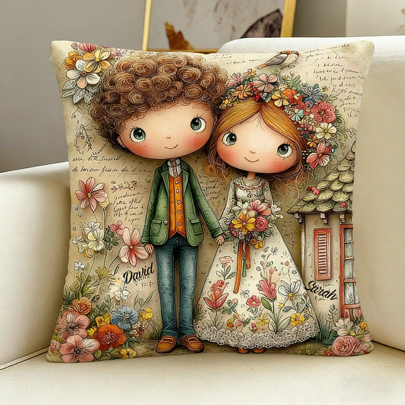 Personalized Cartoon Couple Pillow with Name Valentine's Day Anniversary Gift for Couples