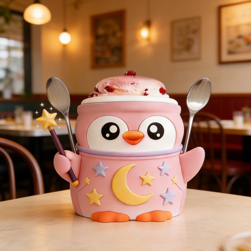 Night Theme Adorable Penguin with Moon and Stars Stand 3D Printed Cozy with Spoon Slot