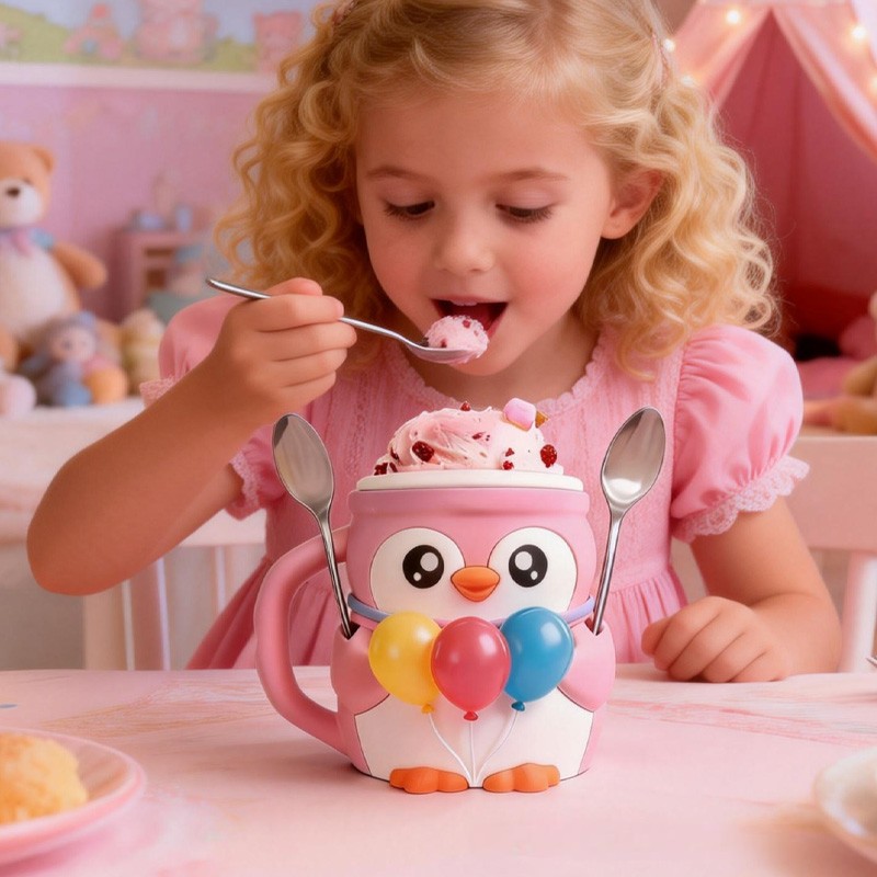 Theme Adorable Penguin with Balloons Dessert Stand 3D Printed Cozy with Spoon Slot