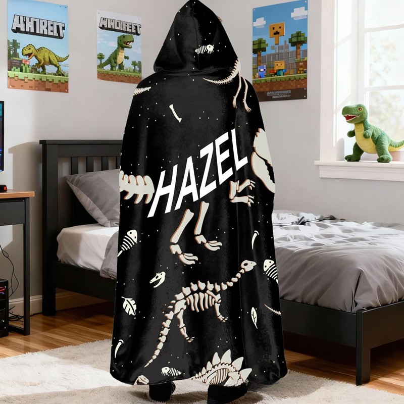 Personalized Dinosaur Fossil Soft Hooded Blanket with Name Daily Use Birthday Gift for Kids Teenagers Boys