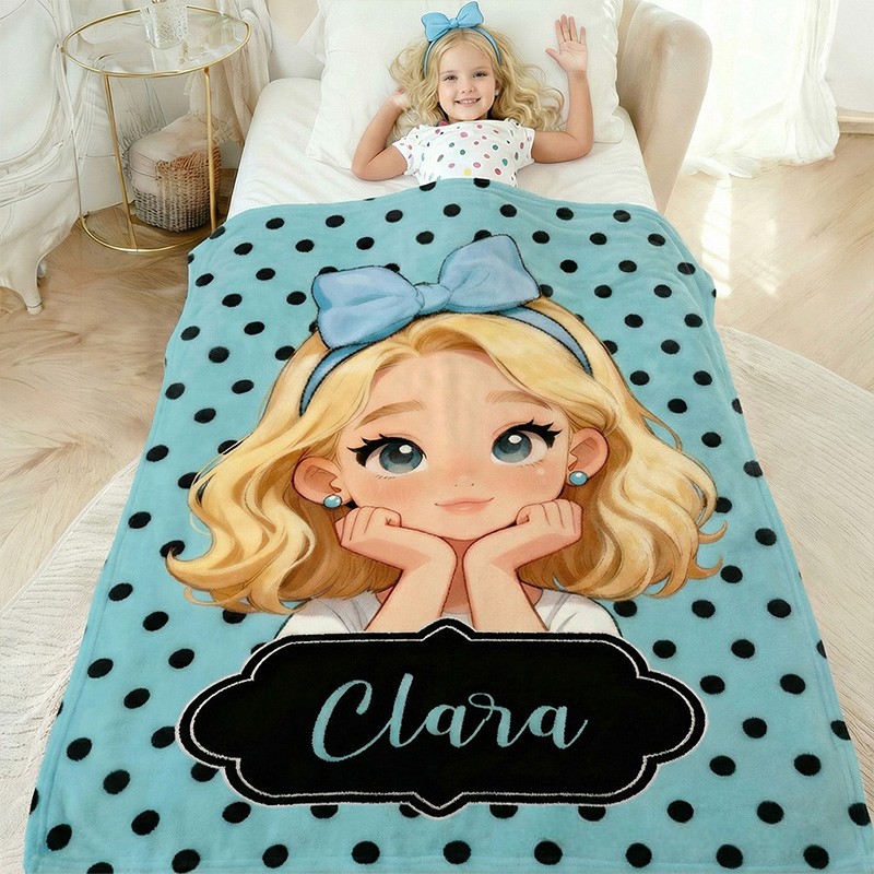 Personalized Girl Theme Custom Name Cute Pink Polka Dot Cartoon Character Style Soft Blanket