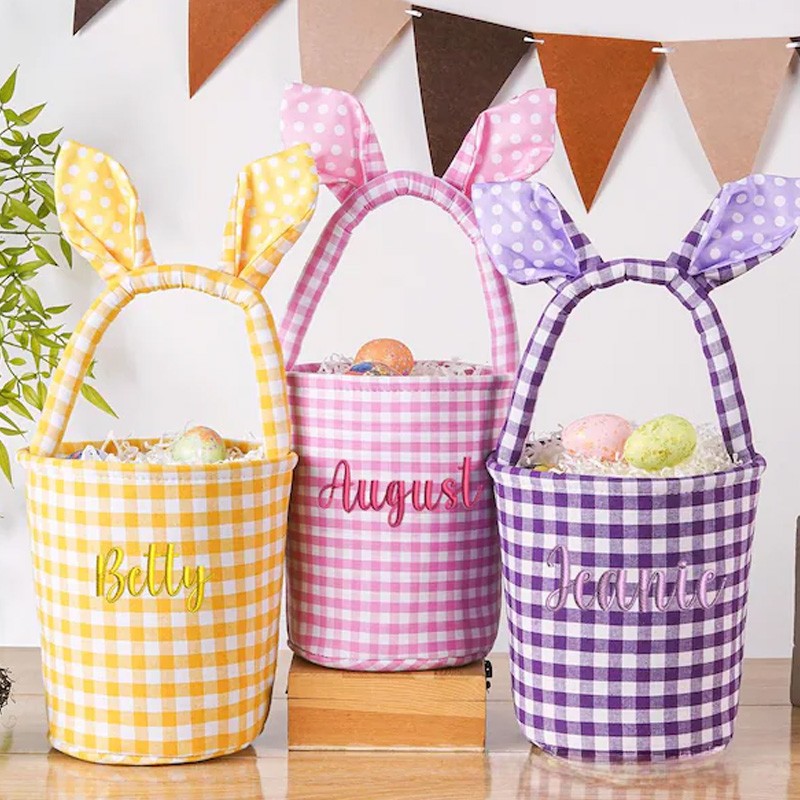 Personalized Unique Custom Name Gingham Bunny Ear Design Holiday Treat Holder Easter Basket