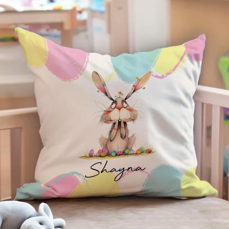 Personalized Quirky Easter Egg Bunny Soft Throw Pillow Cover with Name Easter Party Home Decor Gift for Kids