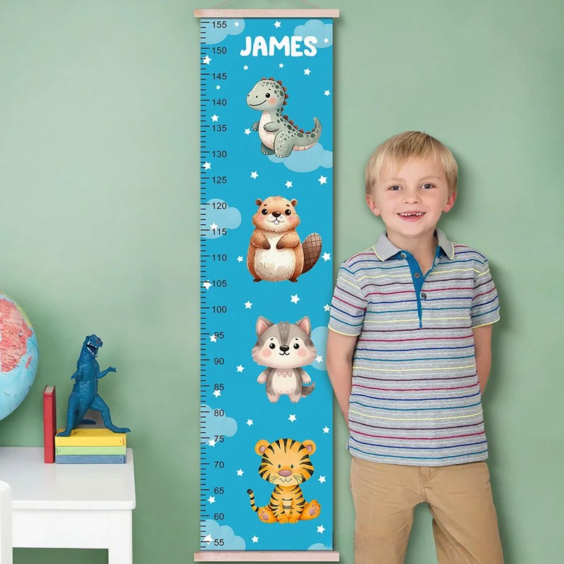 Personalized Stars Clouds Cute Zebra Tiger Forest Animals Hanging Growth Chart with Name Nursery Room Decor Birthday Christmas Gift for Boys Girls