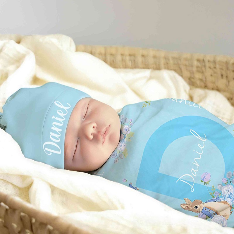 Personalized Name Peter Rabbit Bunny Alphabet Receiving Blanket with Hat Swaddle Hat Set for Baby Girl Boy Birthday Baby Shower Easter Gift for Newborns