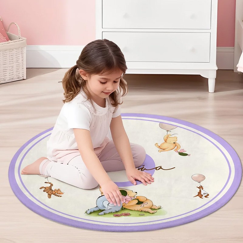 Personalized Classic Winnie the Pooh Initial Round Anti-Slip Coral Fleece Doormat Rug with Name Nursery Decor Baby Shower Birthday Gift for Kids