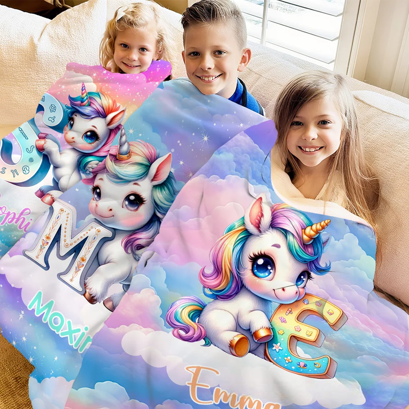 Personalized Gradient Dreamy Dream Horse Initial Design Soft Throw Blanket with Name Room Decor Christmas Gift for Women Girls