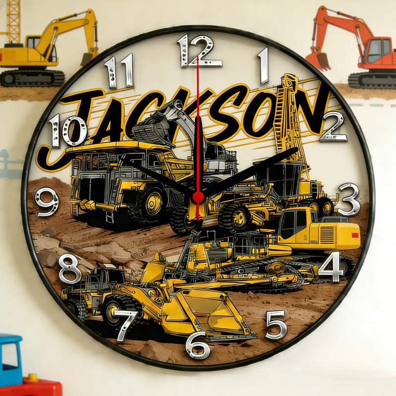 Personalized Unique Custom Name Heavy Equipment Builder Style Boys Bedroom Decor 3D Printed Wall Clock