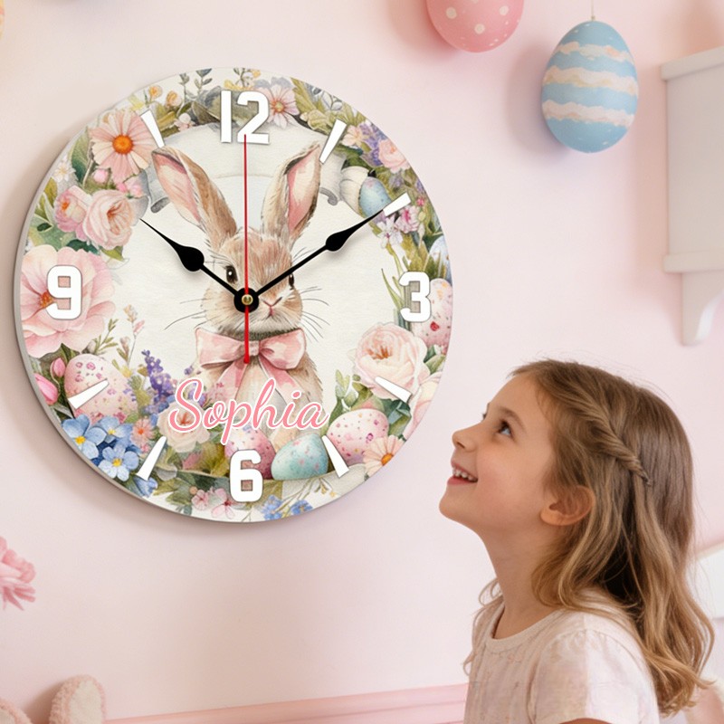 Personalized Unique Custom Name Adorable Rabbit Surrounded by Flowers Nursery 3D Printed Wall Clock