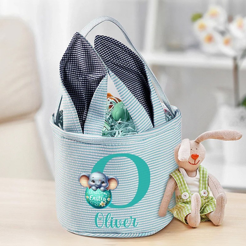 Personalized Multi Color Cute Animal Bunny Ears Easter Basket with Name and Initial Daily Use Holiday Party Easter Gift for Children