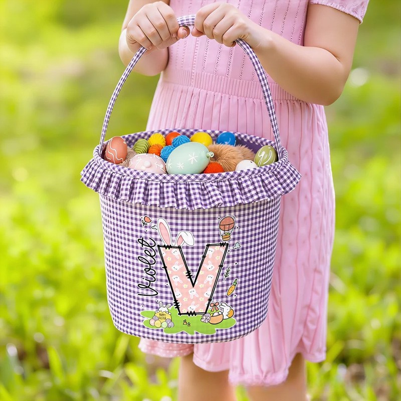Personalized Cute Bunny Initial Flower Plaid Easter Basket with Name Easter Egg Hunt Easter Gift for Boys Girls