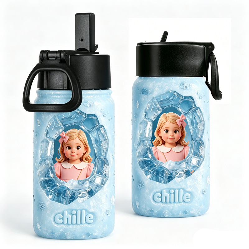 Personalized Ice Princess Name Photo In Frozen Crystal Frame Winter Snowflake Kids Magic Stainless Steel Water Bottle
