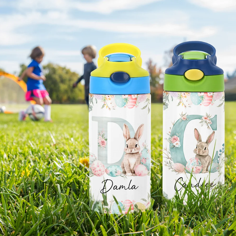 Personalized Cute Easter Bunny Initial 12oz Kid Insulated Name Water Bottle with Handle and Silicone Straw Easter Birthday Gift for Boys Girls