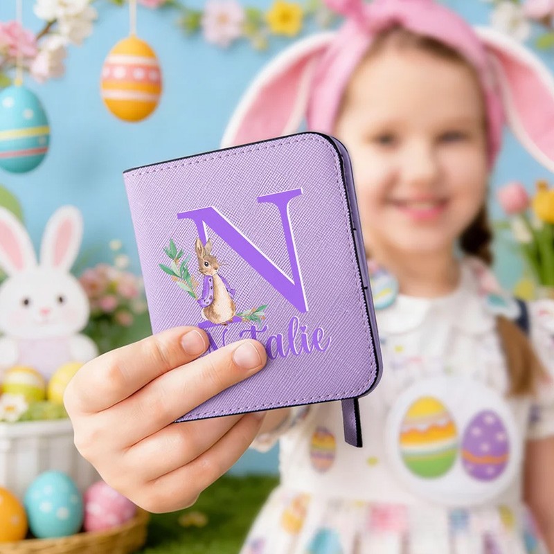 Personalized Cute Rabbit Initial PU Leather Bifold Pocket Wallet with Multiple Card Slots with Name Easter Gift for Girls