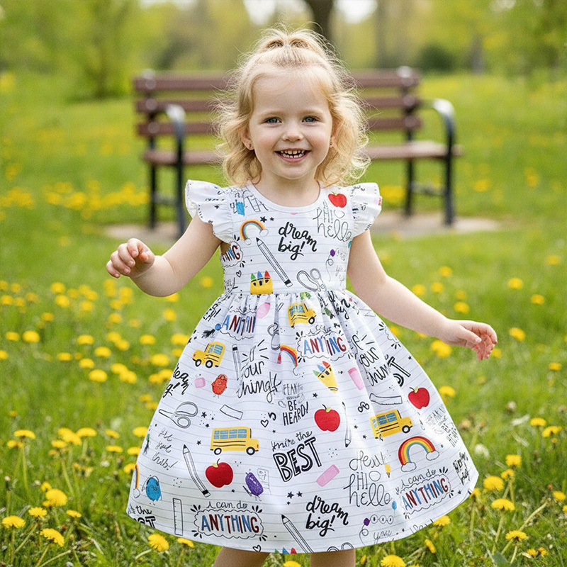 Personalized Back To School Motivational Quotes Rainbow Pencil Apple School Bus Classroom Doodle Print Coquette Ruffle Dress