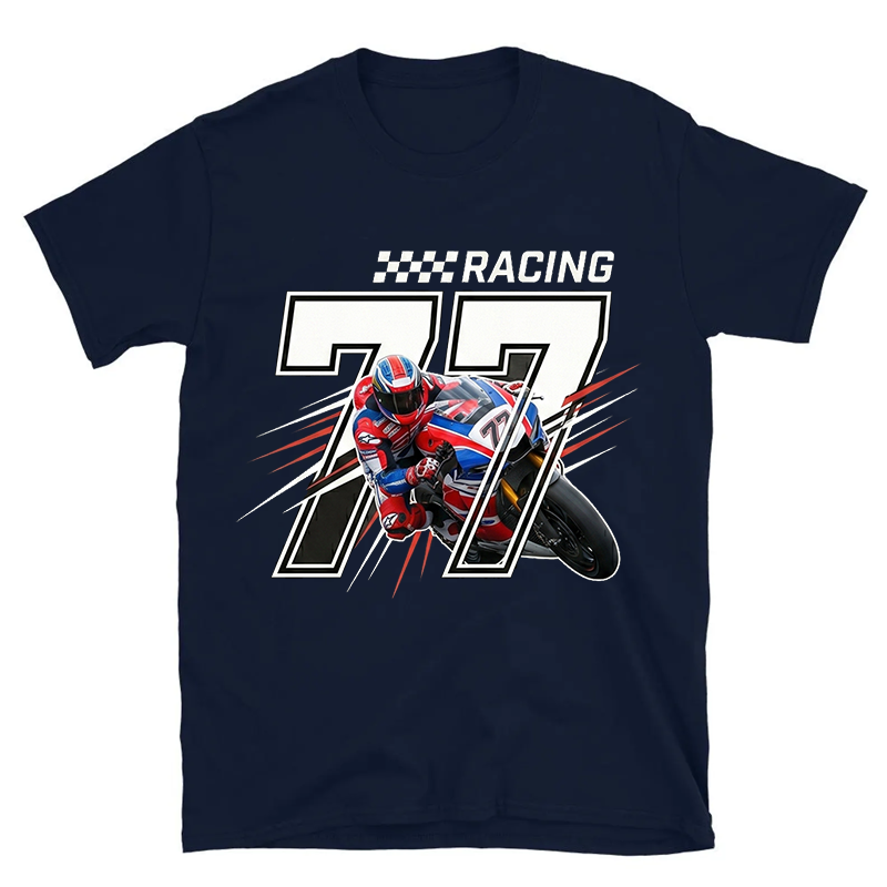 Personalized Number 77 Racing Motorcycle Rider Checkered Flag Graphic Unisex Black Cotton T-Shirt