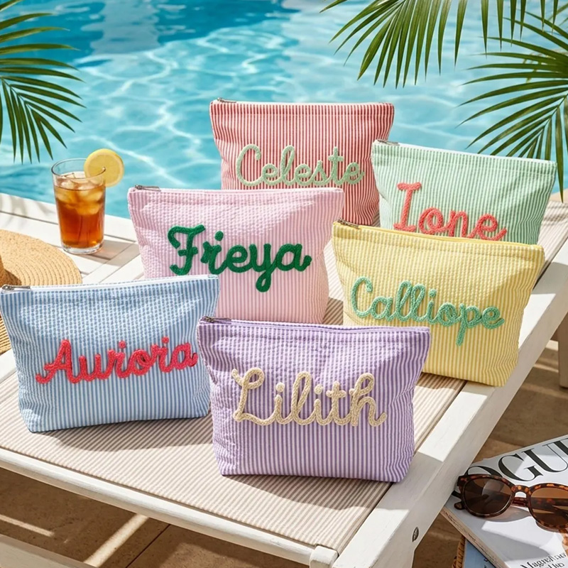 Personalized Seersucker Striped Name Embroidered Beach Pool Travel Cos