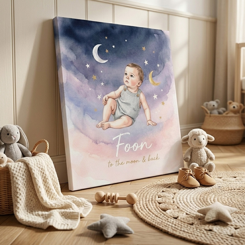 Personalized Baby Nursery Moon And Stars Night Sky Watercolor Portrait Custom Name Quote Photo Framed Canvas Prints