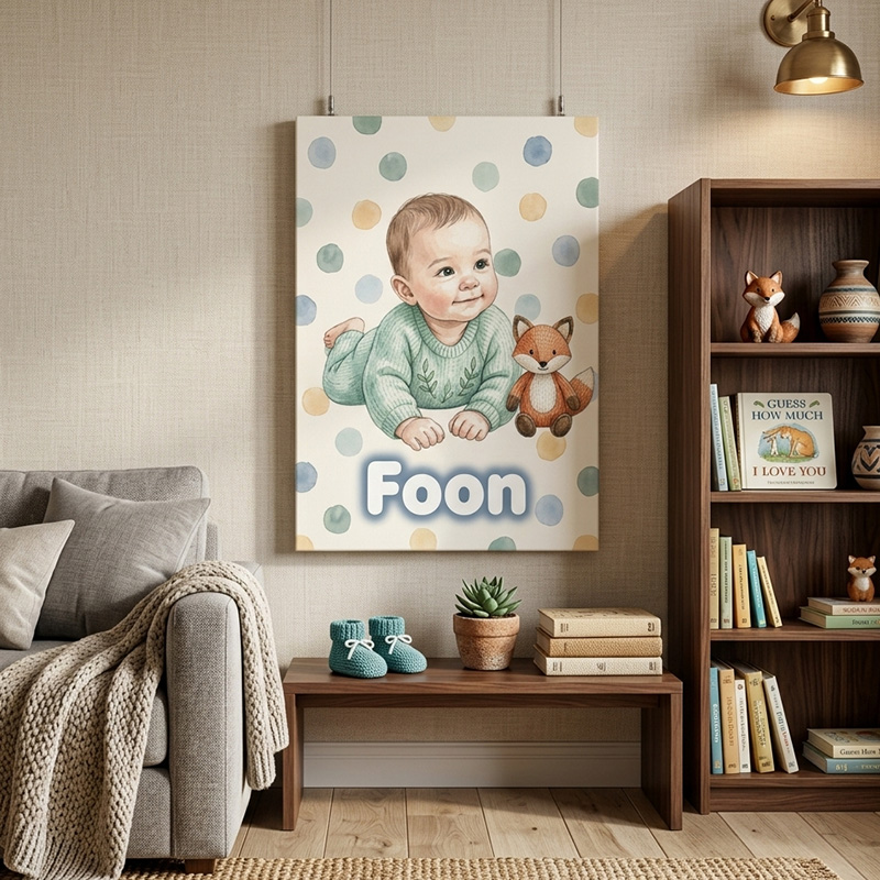 Personalized Baby Neutral Polka Dot Nursery Portrait Custom Name Illustration Keepsake Photo Framed Canvas Prints
