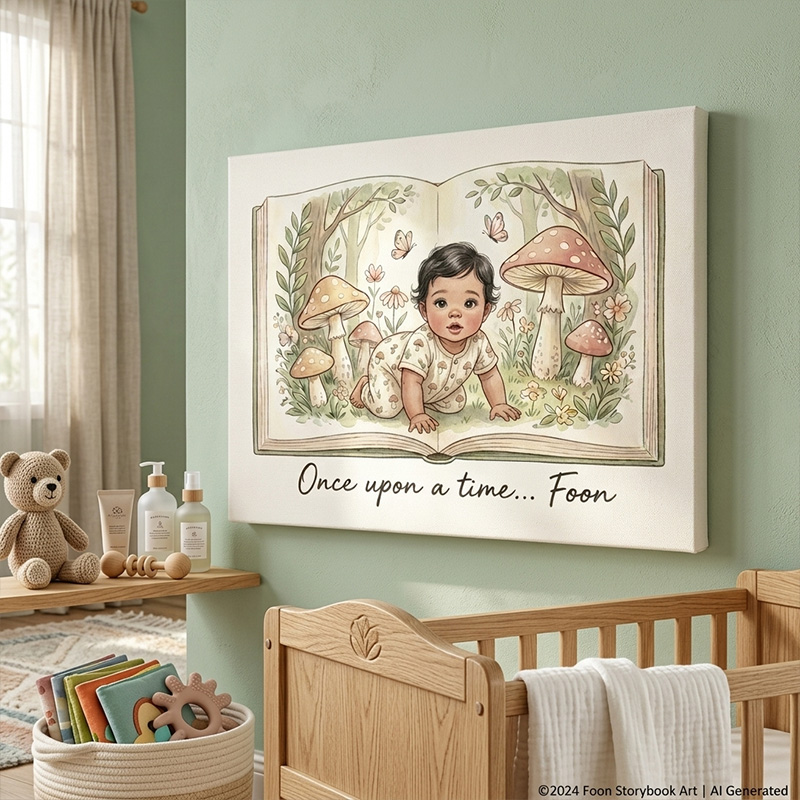 Personalized Fairytale Forest Storybook Nursery Baby Portrait Custom Name Woodland Animals Illustration Photo Framed Canvas Prints