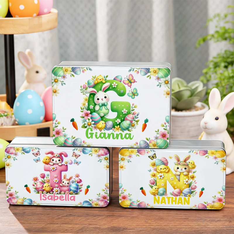 Personalized Cute Cartoon Bunny Easter Eggs Food Grade Metal Biscuit Tin Storage Box with Name Easter Gift for Family Kids