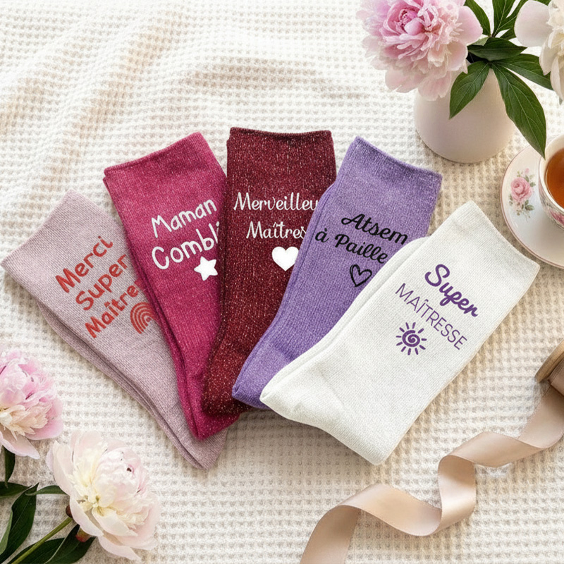 Personalized Teacher Appreciation Gift Merci Super Maitresse Maman Combative Merveilleuse Maitresse Cute Cozy Glitter Socks