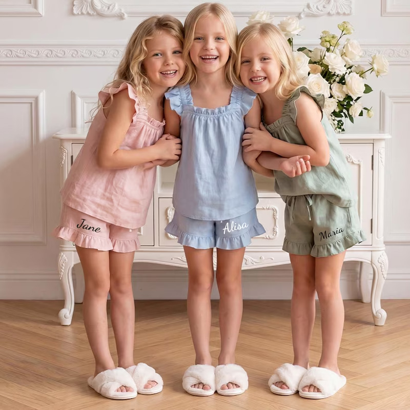 Personalized Floral Party Ruffle Top And Shorts Matching Girls Sleepwear Birthday Sleepover Gift Kids Pajamas