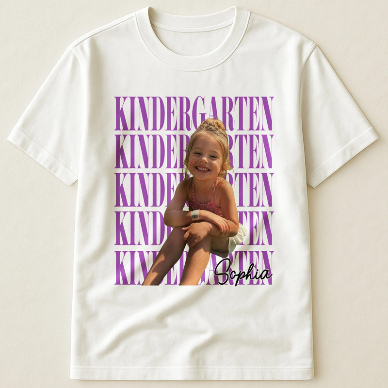 Personalized Kindergarten Grade Repeated Text Back To School Custom Name Photo Tee Cute First Day Kids Shirt