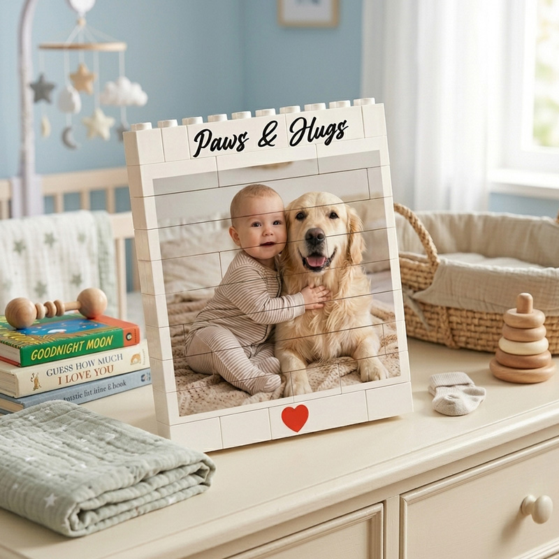 Personalized Baby And Pet Photo Keepsake Custom Name Heart Detail Nursery Decor Gift Photo Building Block Puzzle
