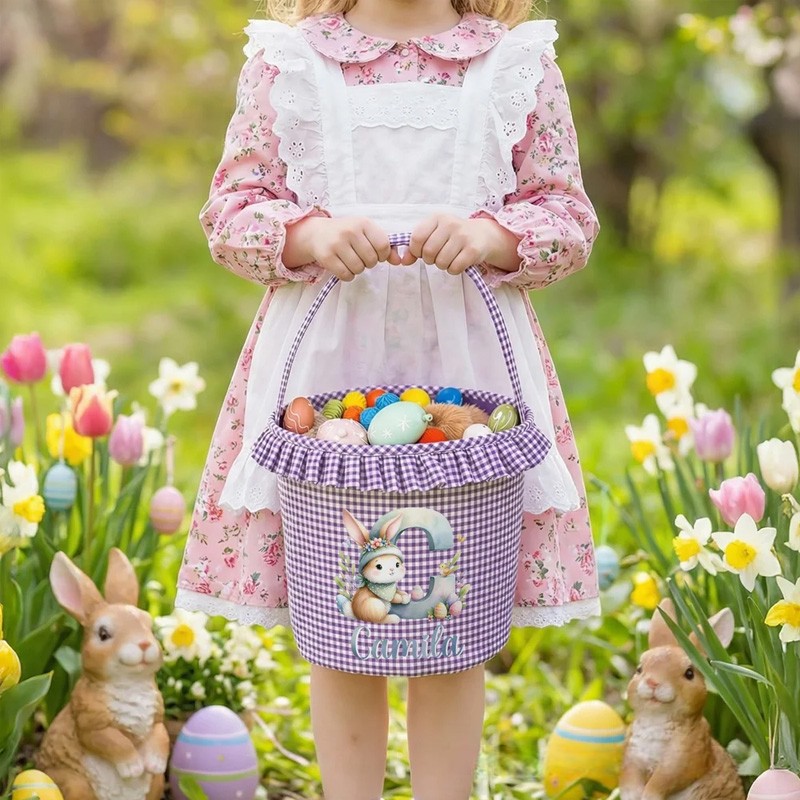 Personalized Cute Bunny Gradient Color Initial Plaid Easter Basket with Name and Ruffles Eggs Hunting Party Easter Gift for Kids