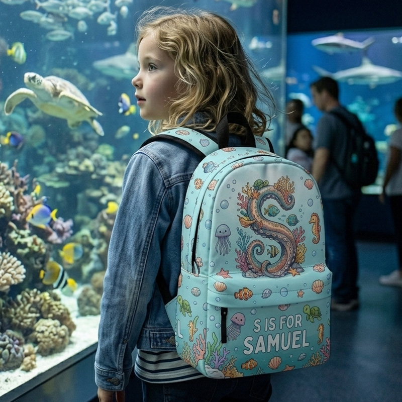 Personalized Under The Sea Initial Kids Backpack Custom Name Ocean Cre
