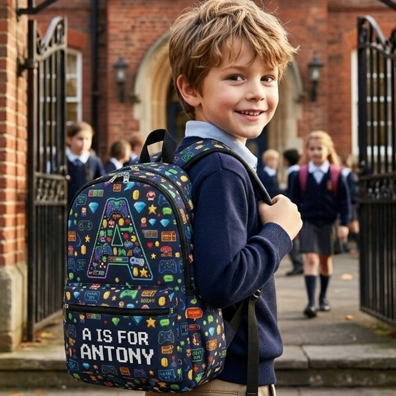 Personalized Gamer Initial Kids Backpack Custom Name Retro Pixel Icons Video Game Pattern Back To School Bag