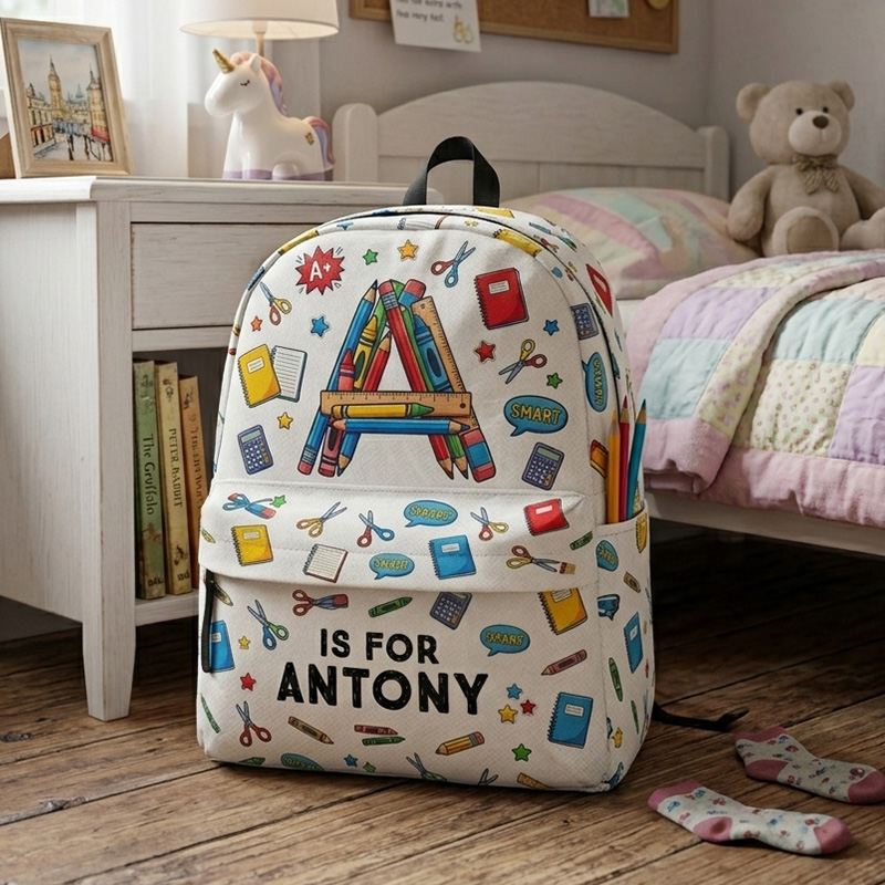 Personalized Back To School Initial Kids Backpack Custom Name Cute Classroom Icons White Print School Bag