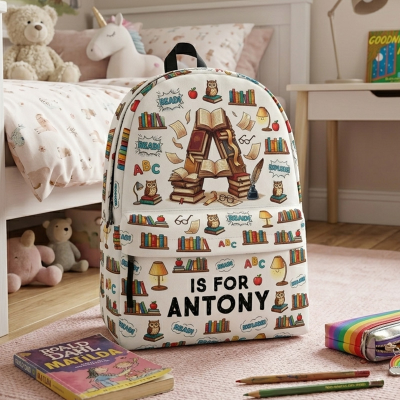 Personalized Book Lover Initial Kids Backpack Custom Name Cute Reading Library Pattern School Bag