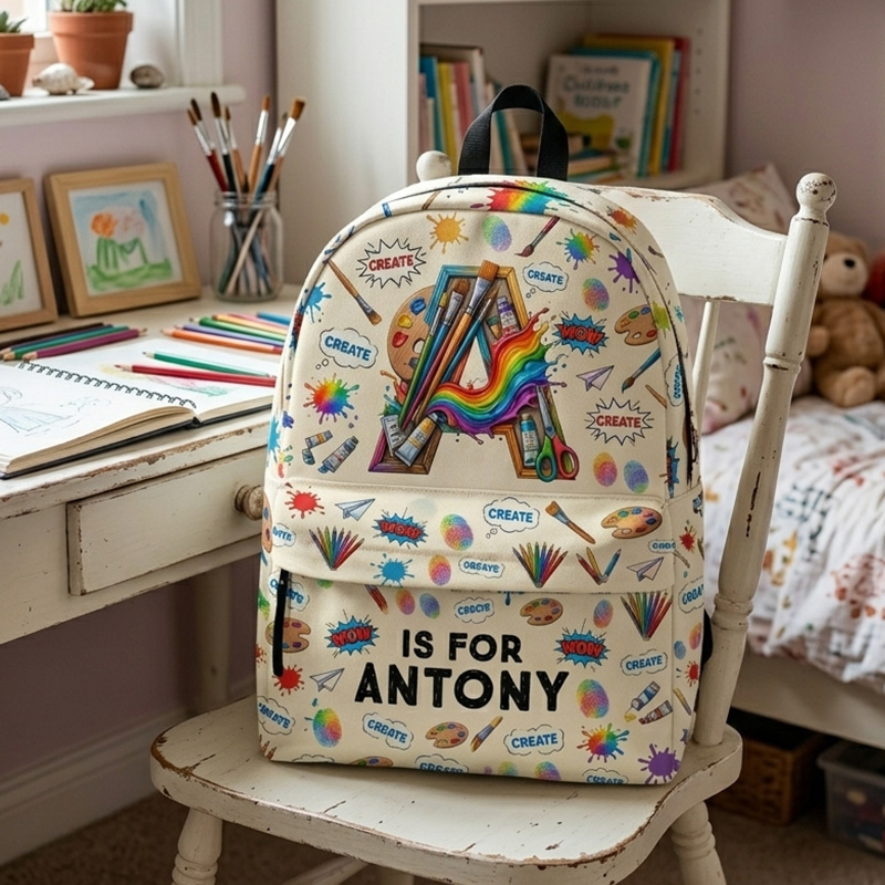 Personalized Art Studio Initial Kids Backpack Custom Name Colorful Paint Brushes Creative Doodle Pattern School Bag