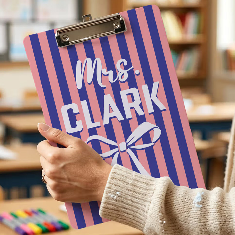 Personalized Bow Striped Portable Clipboard with Title and Surname Teacher's Day Birthday Gift for Teacher